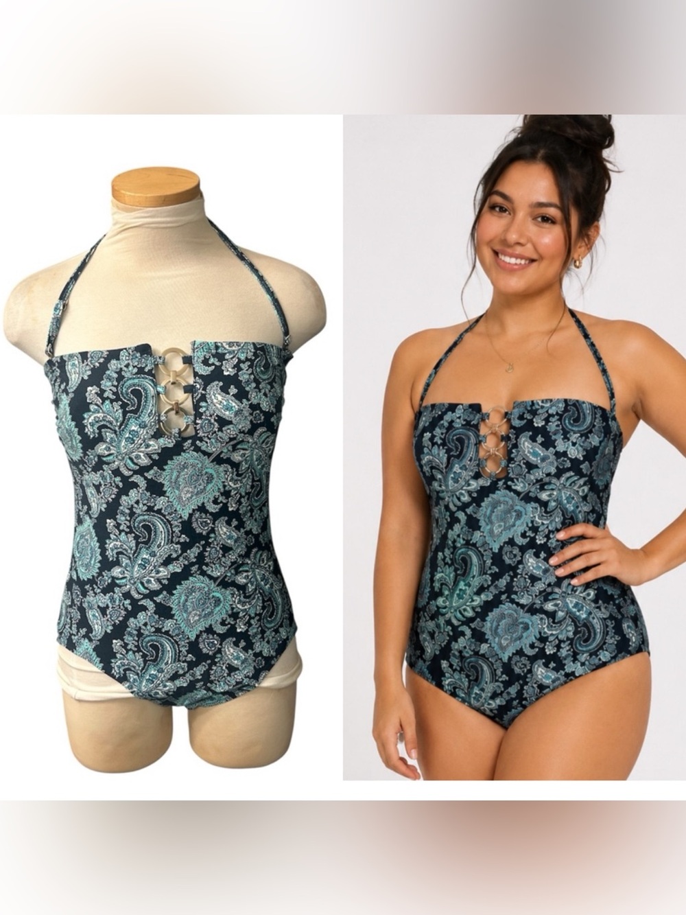Michael Kors Navy Paisley One-Piece Swimsuit with Aqua Accents Size 12